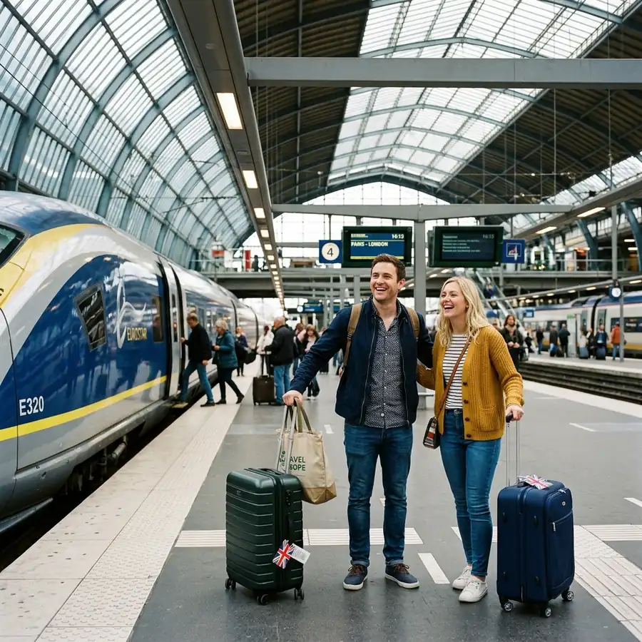 British couple at European train station with Eurostar