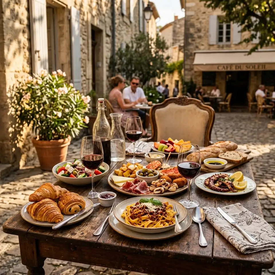European outdoor cafe food spread
