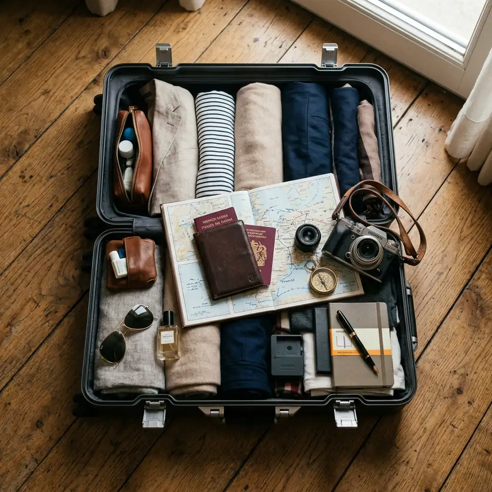 Open suitcase with passport and travel essentials