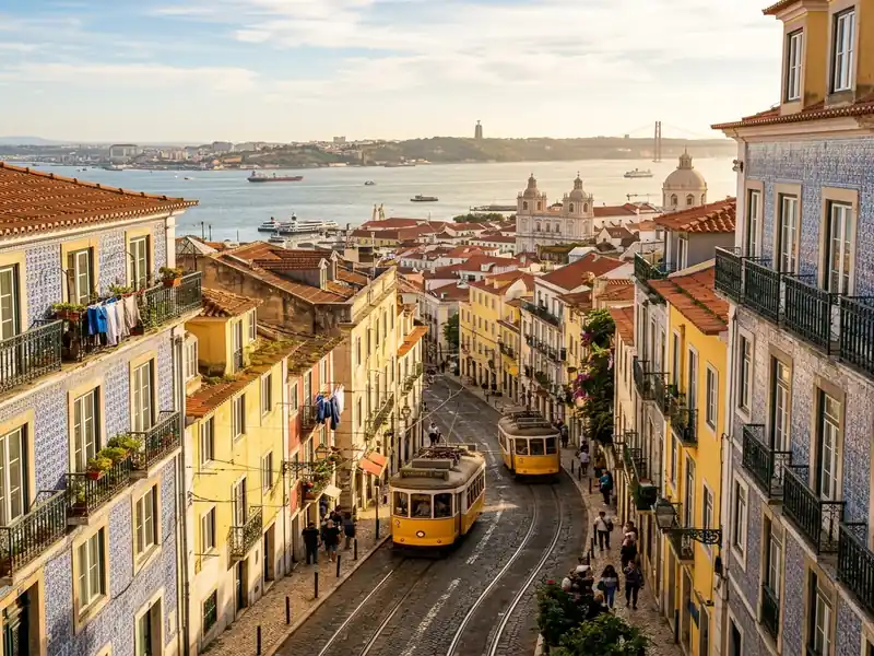 Lisbon yellow trams on colourful streets